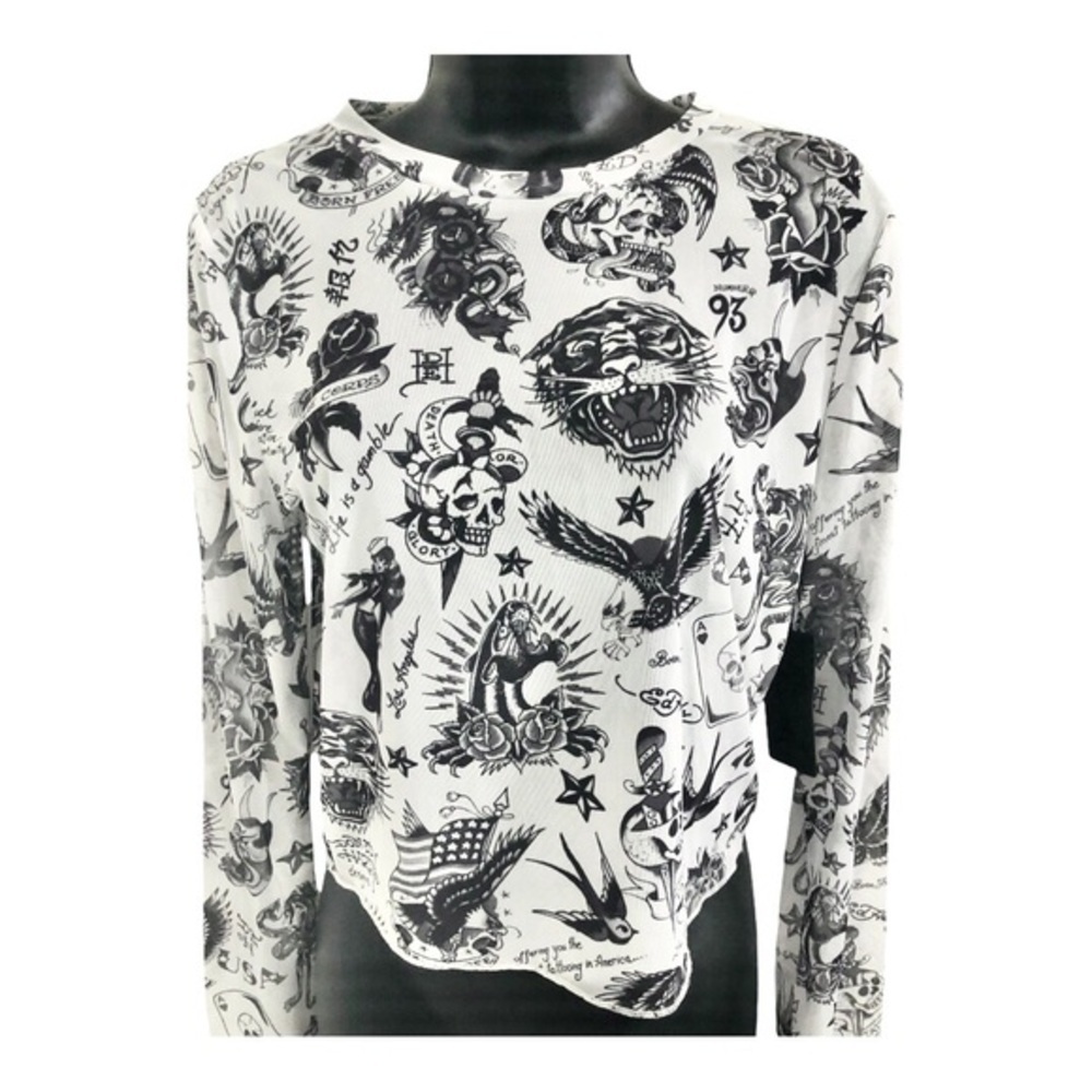 Ed Hardy white iconic Ed Hardy designs printed long‎ sleeve sheer top size large - Picture 8 of 14